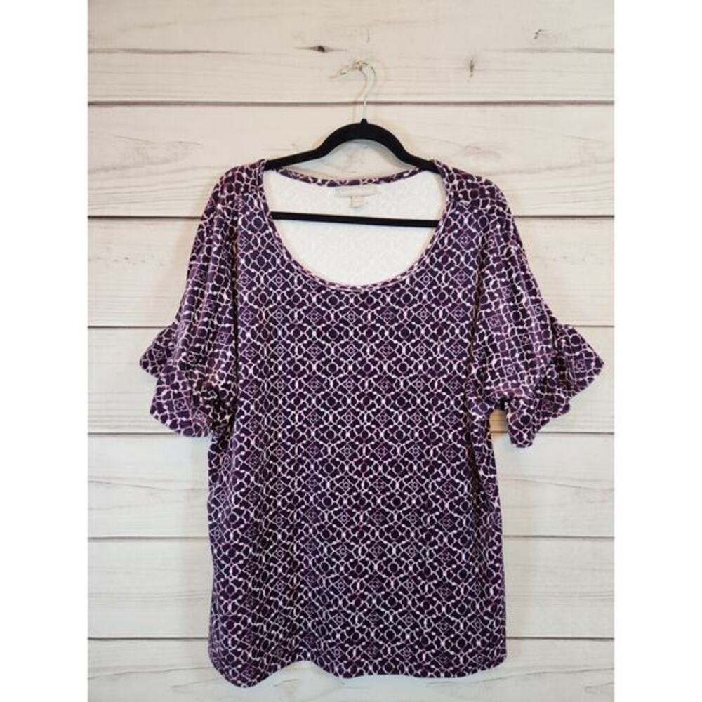 Woman Within Womens Purple Geometric Ruffle Short Sleeve Scoop Neck Blouse 18/20